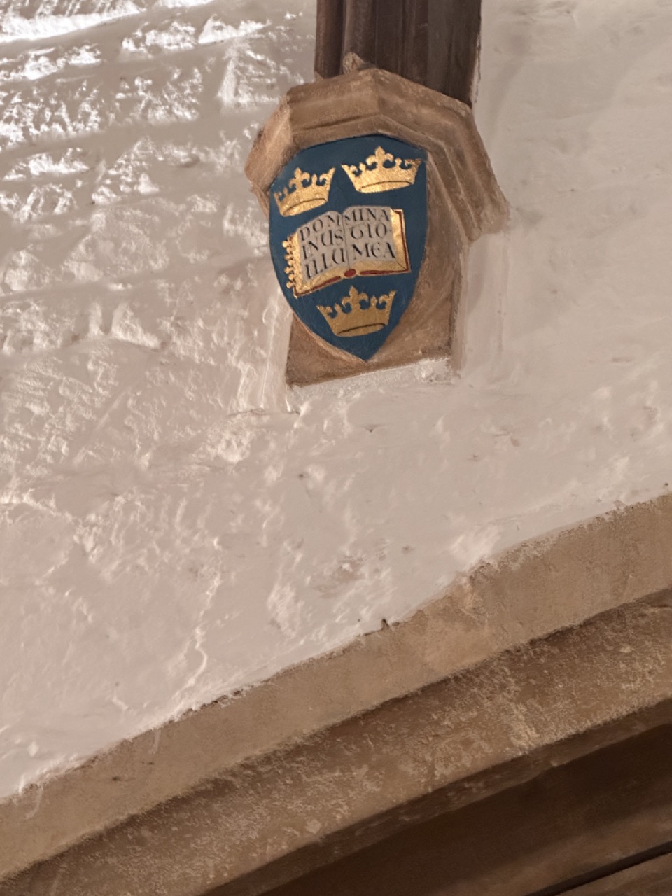 Painted University of Oxford arms showing an open book between three gold crowns on a blue shield.