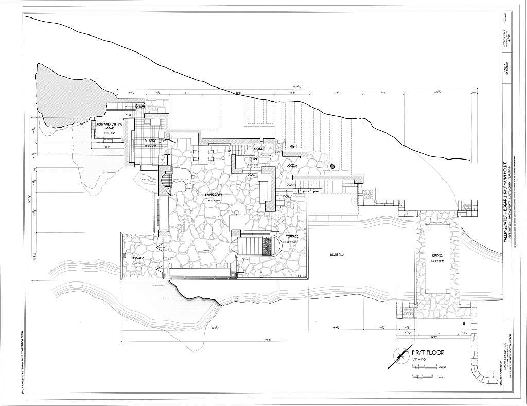 Measured first-floor plan of Fallingwater showing the living room, hearth, kitchen, entrance, terraces, bridge and stair to Bear Run.