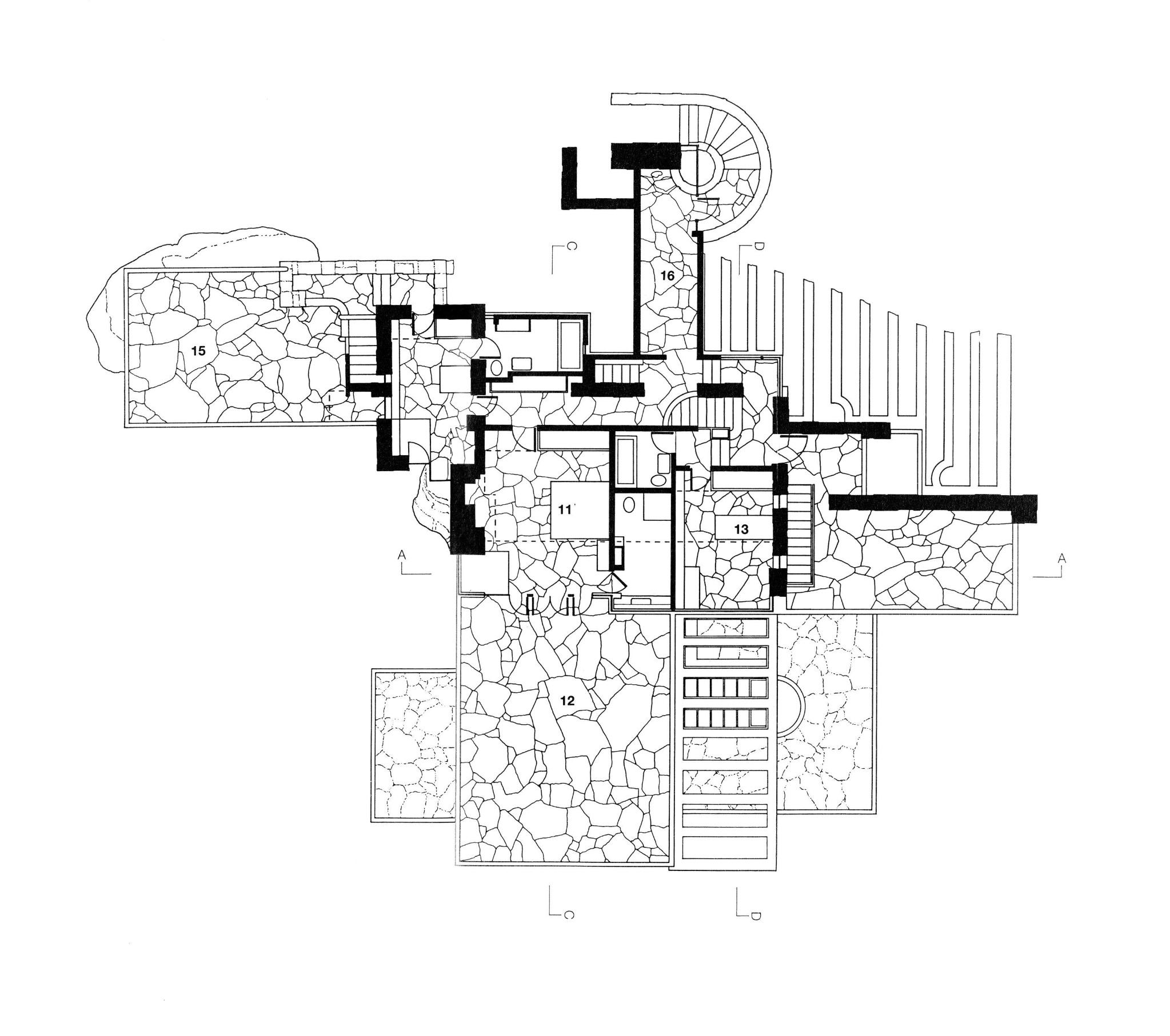 Second-floor plan showing bedrooms, bathrooms, stairs, the bridge toward the guest house and large terraces.