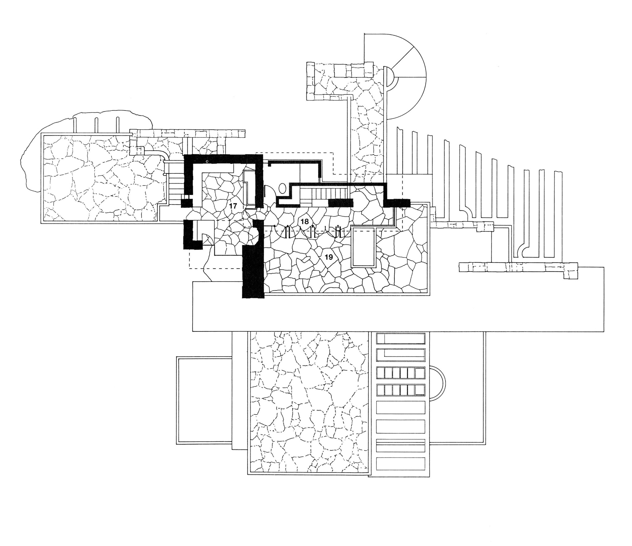 Third-floor plan showing the smaller enclosed suite and its terrace, with lower roofs and terraces indicated around it.