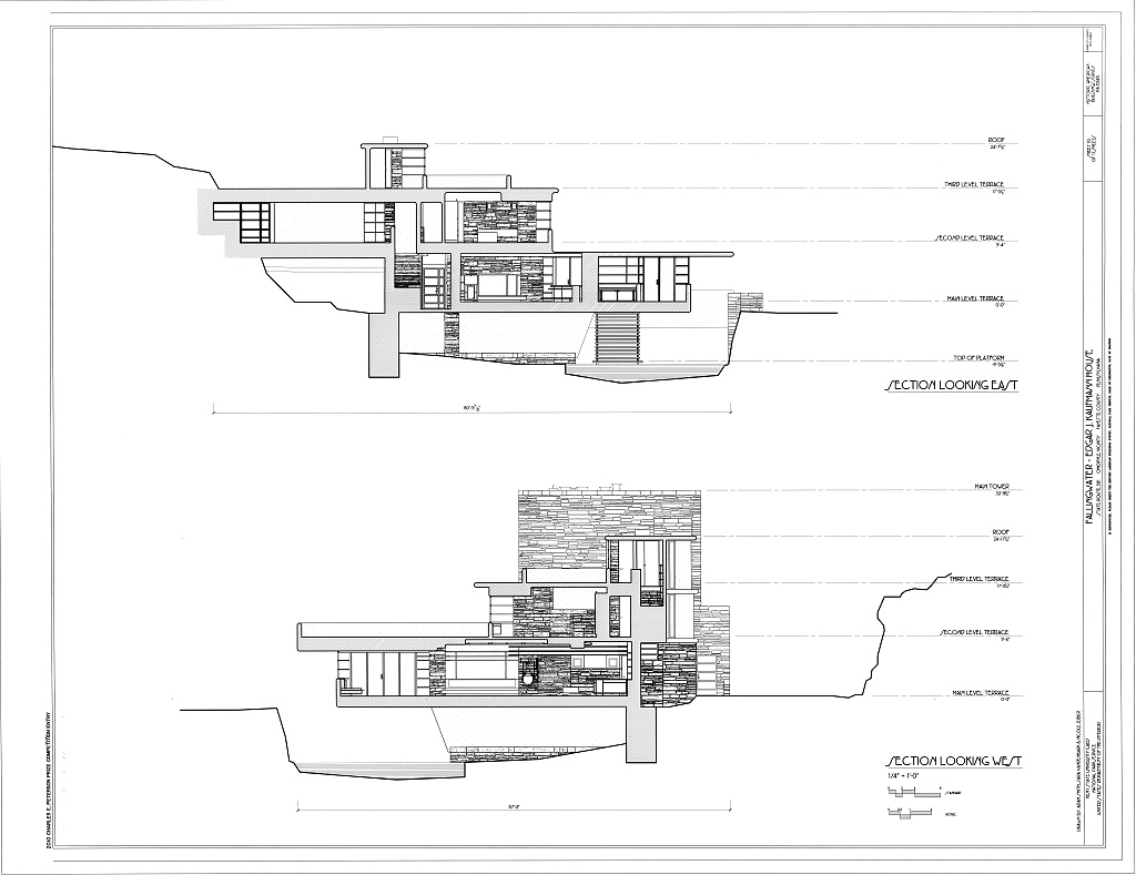Two measured sections through Fallingwater showing its floors, masonry supports, terraces, hillside and stair descending toward the stream.