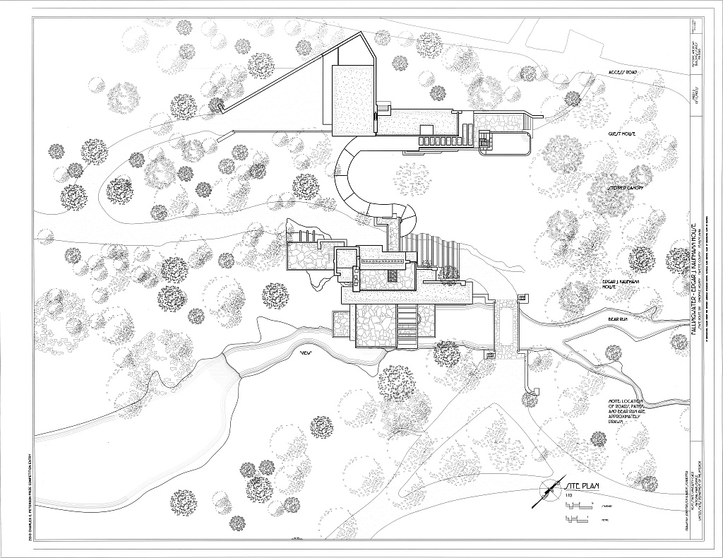 Fallingwater site plan showing the main house over Bear Run, the uphill guest-house complex, connecting walkway, bridge and approach roads.