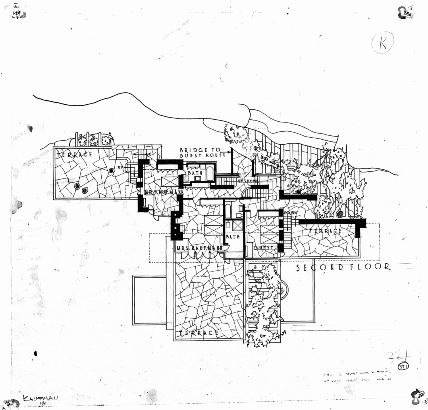 Historic drawing labelled Second Floor, with rooms for Mr and Mrs Kaufmann, a guest room, terraces and a bridge to the guest house.