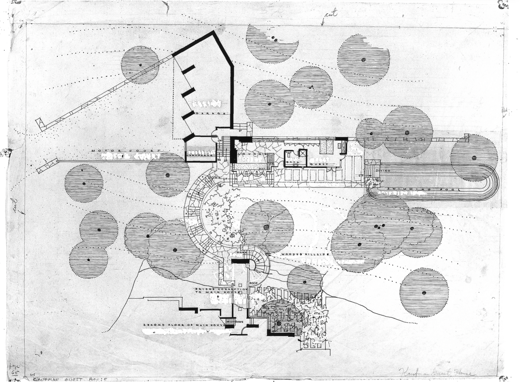 Historic guest-house plan showing garage, motor court, guest accommodation, swimming pool and the curved connection to the main house.