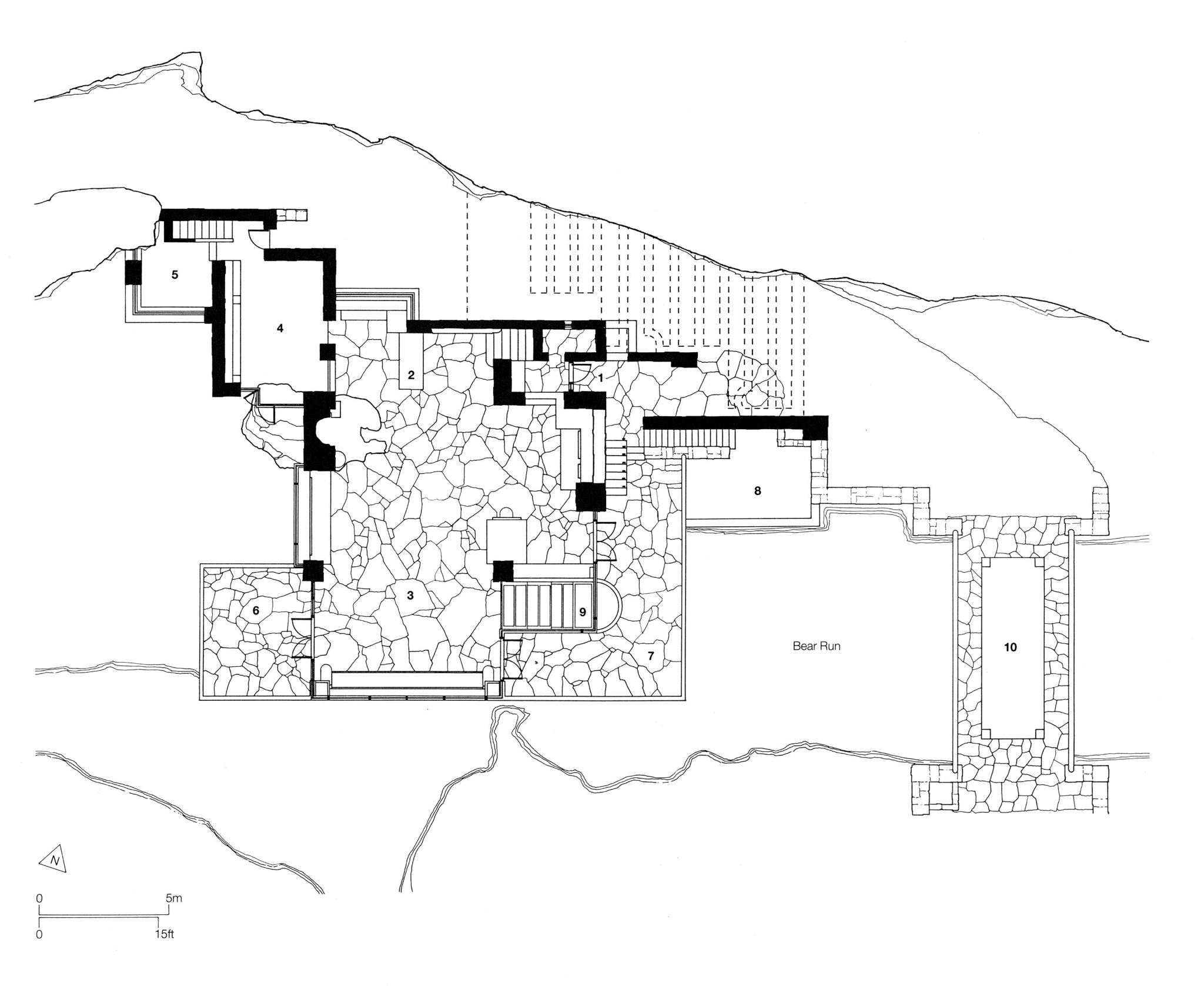 Numbered main-floor redrawing showing the living area, kitchen, hearth, terraces, water stair and bridge over Bear Run.