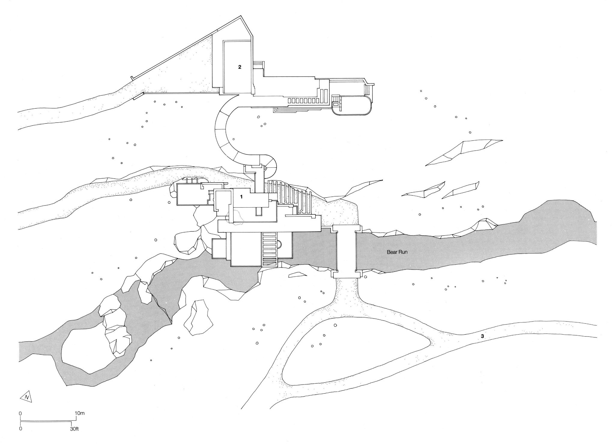 Simplified site plan showing the main house and uphill guest complex, approach roads, bridge and Bear Run.