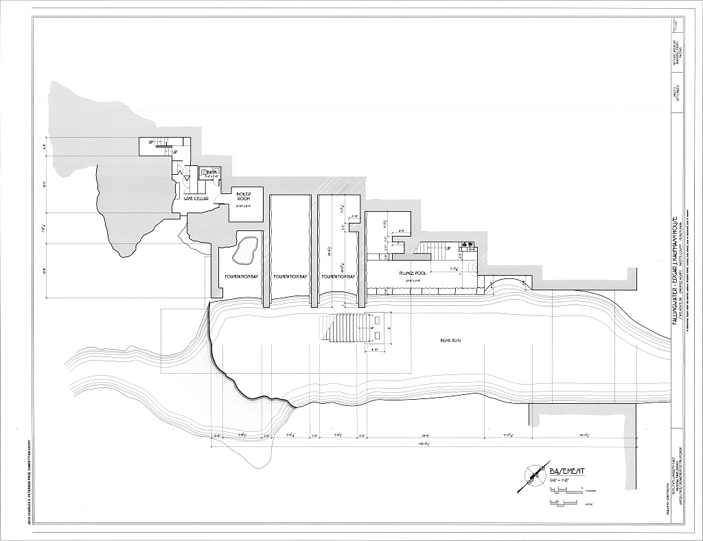 Measured basement plan showing foundation bays, boiler room, wine cellar, plunge pool, stream and water stair.