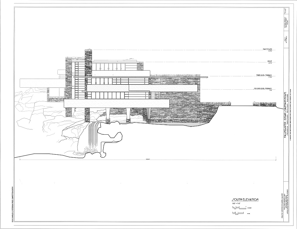 Measured south elevation showing stacked terraces, stone piers, glazing, rock and waterfall.