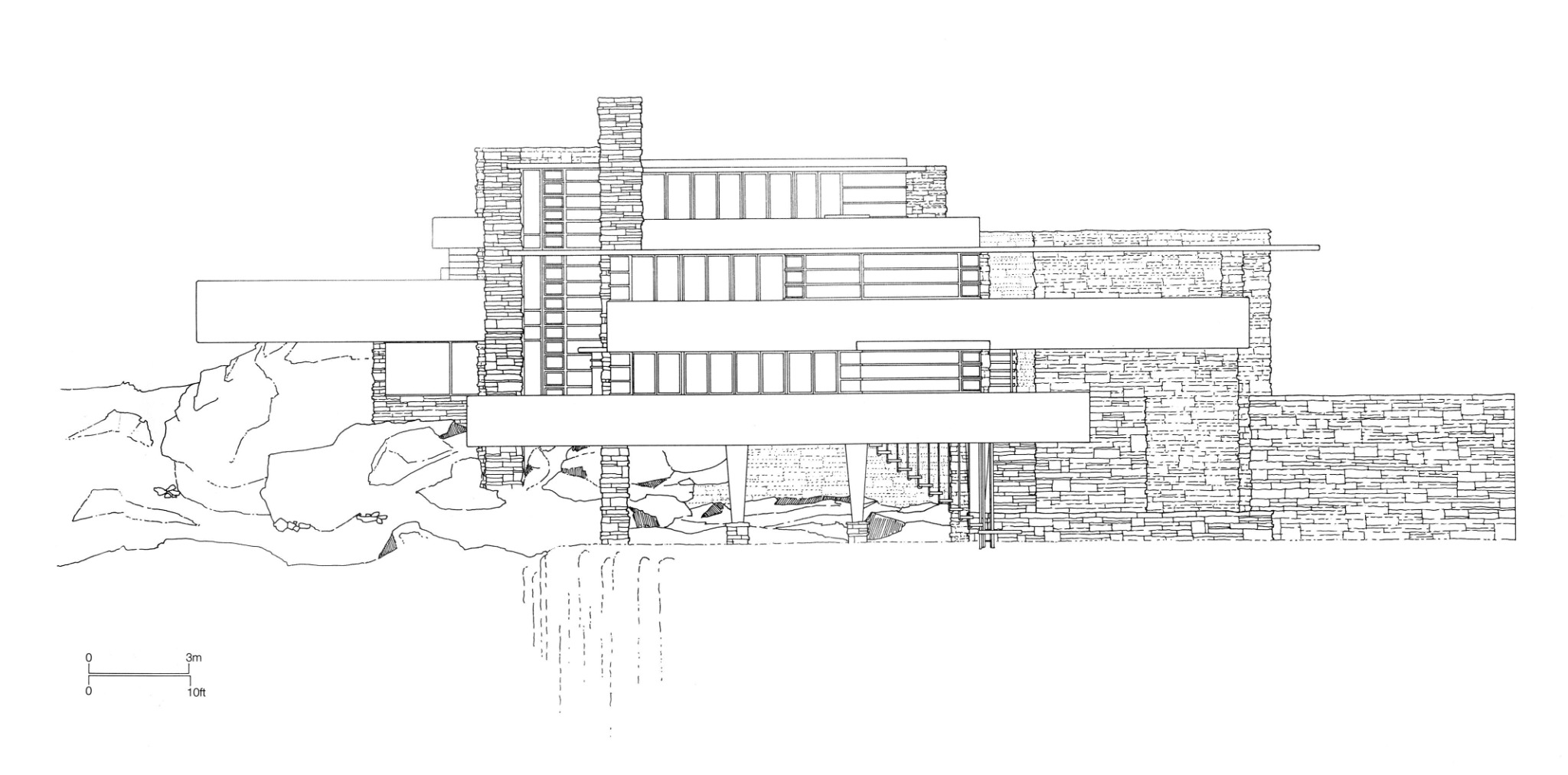 South-elevation redrawing showing cantilevered terraces, masonry, windows, supports and the waterfall.