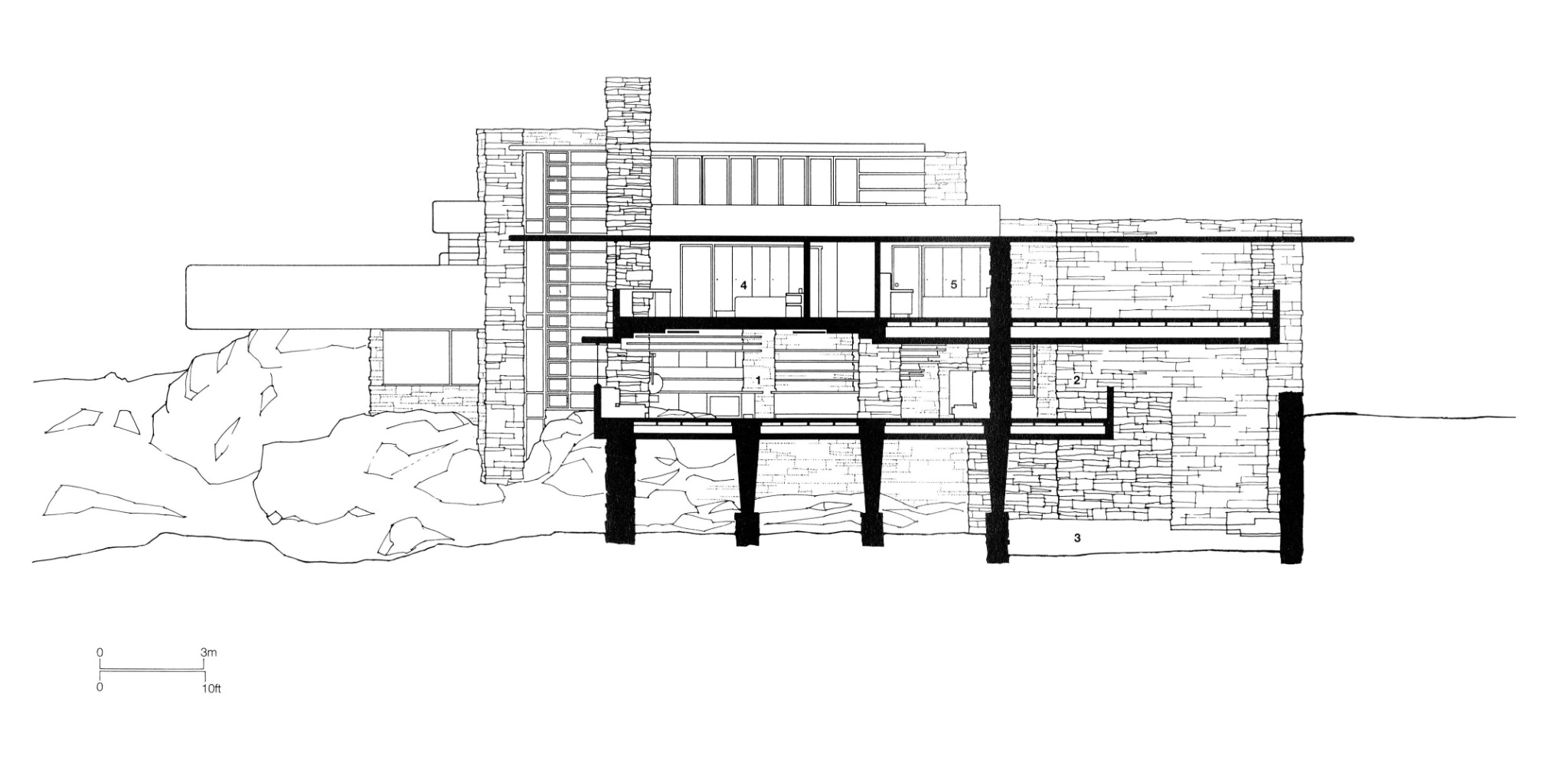 Long section through Fallingwater showing living spaces, upper rooms and masonry and concrete supports below the floor.