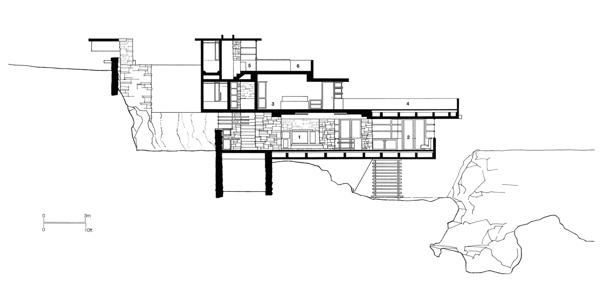 Section showing living room below a bedroom, an upper room, terraces and the suspended stair down toward Bear Run.