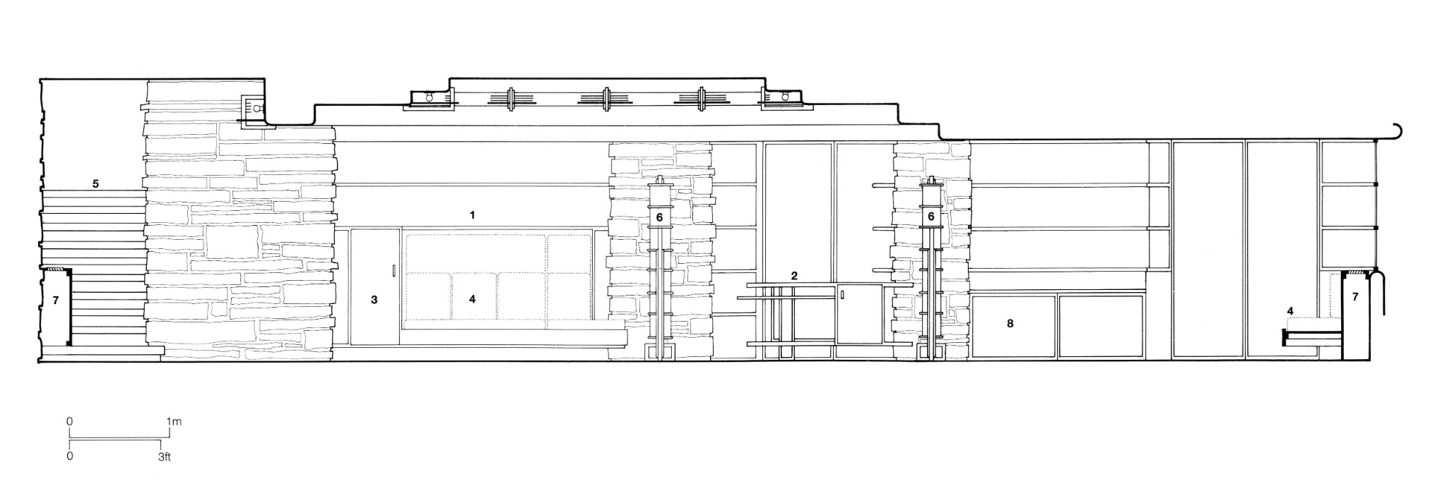 Interior elevation showing stone piers, glazing, shelving, seating and a projecting horizontal ceiling arrangement.