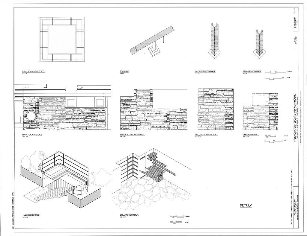 Measured detail sheet with light screen, lamps, fireplaces, the living-room water hatch and dressing-room desk.